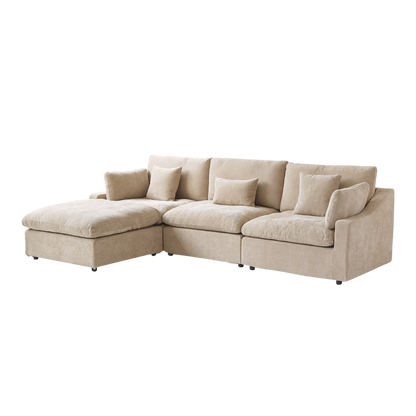 Khaki L-shaped sectional sofa with chaise on a white background
