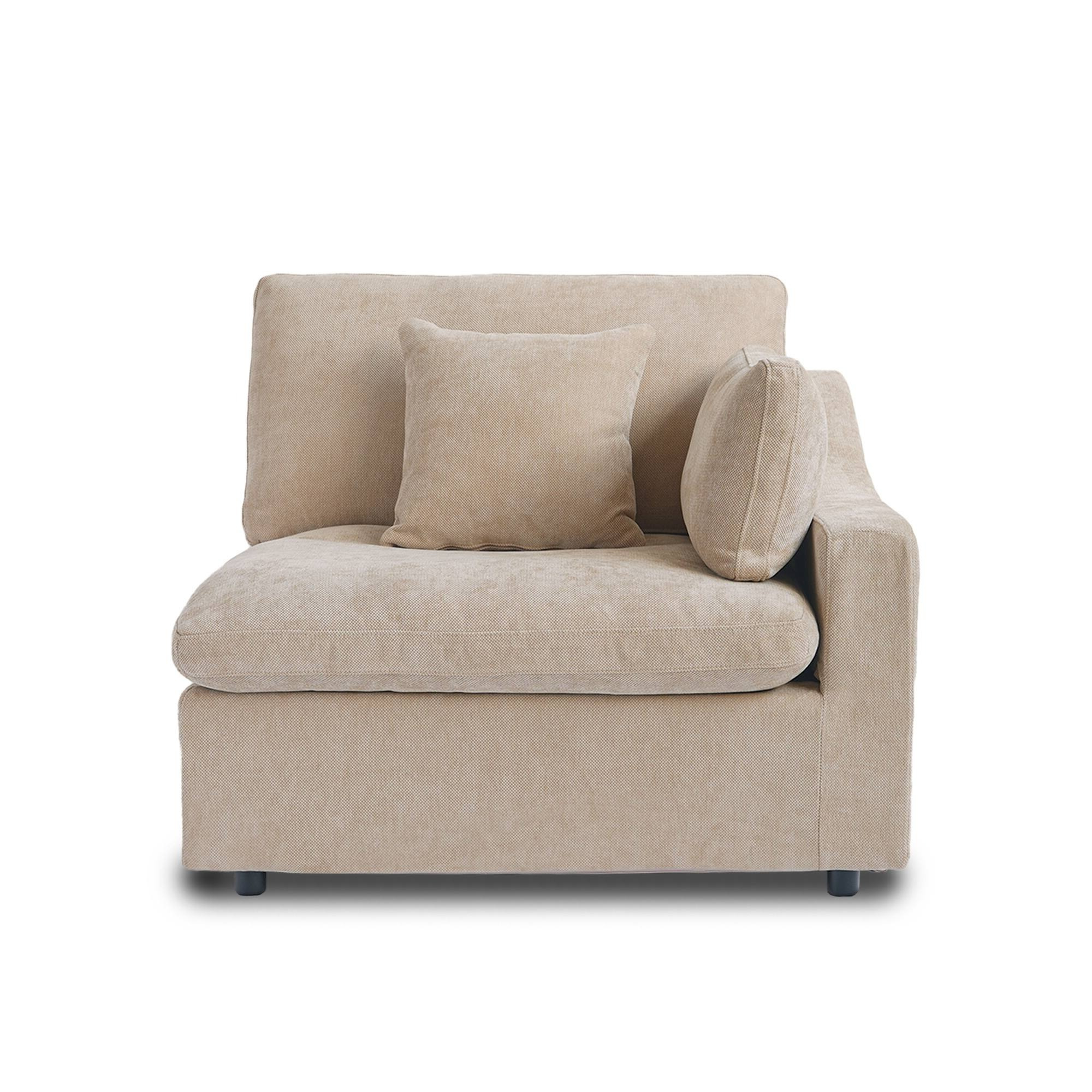 Khaki left slope arm chair with a pillow on a white background
