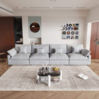 A light gray washable cloud 4-seat sectional sofa with removable cushions and pillow covers, arranged in a living room setting.