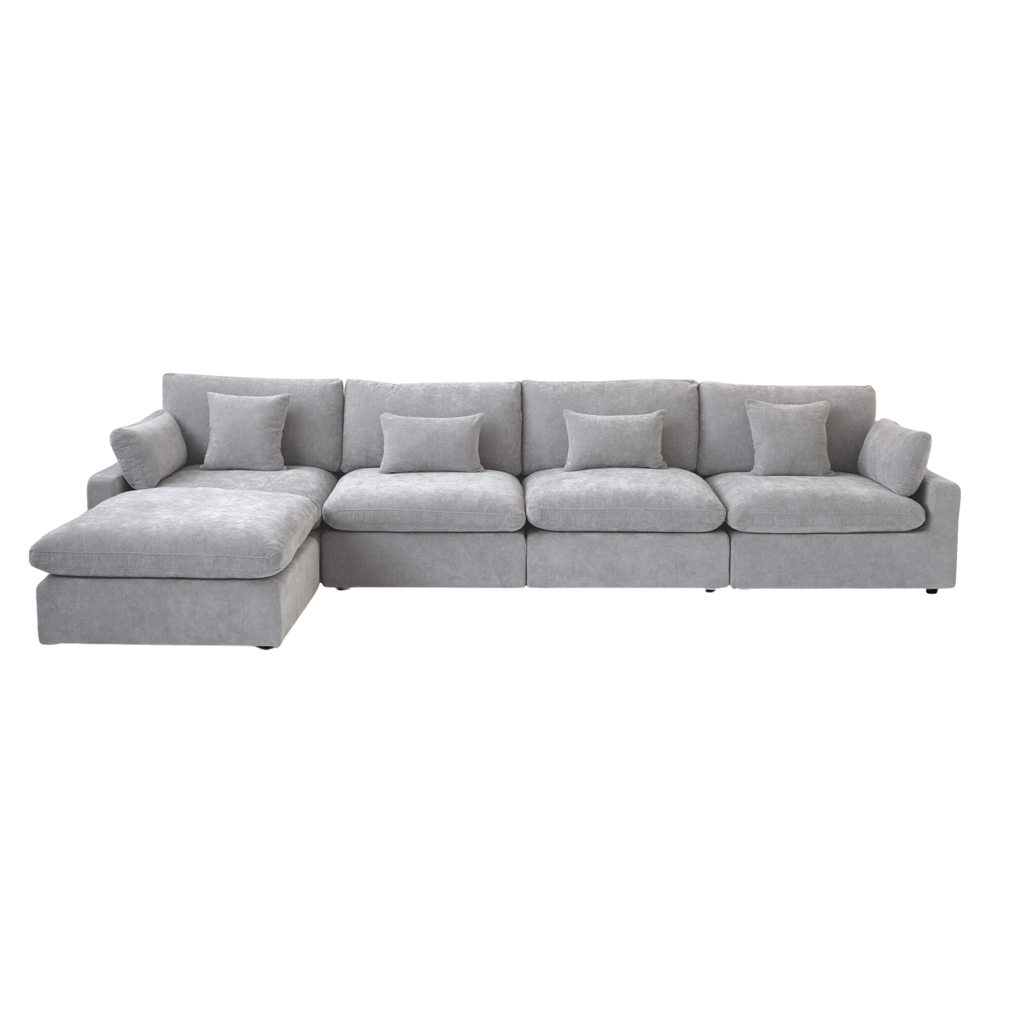 Light gray sectional 4-seat sofa with ottoman on a white background