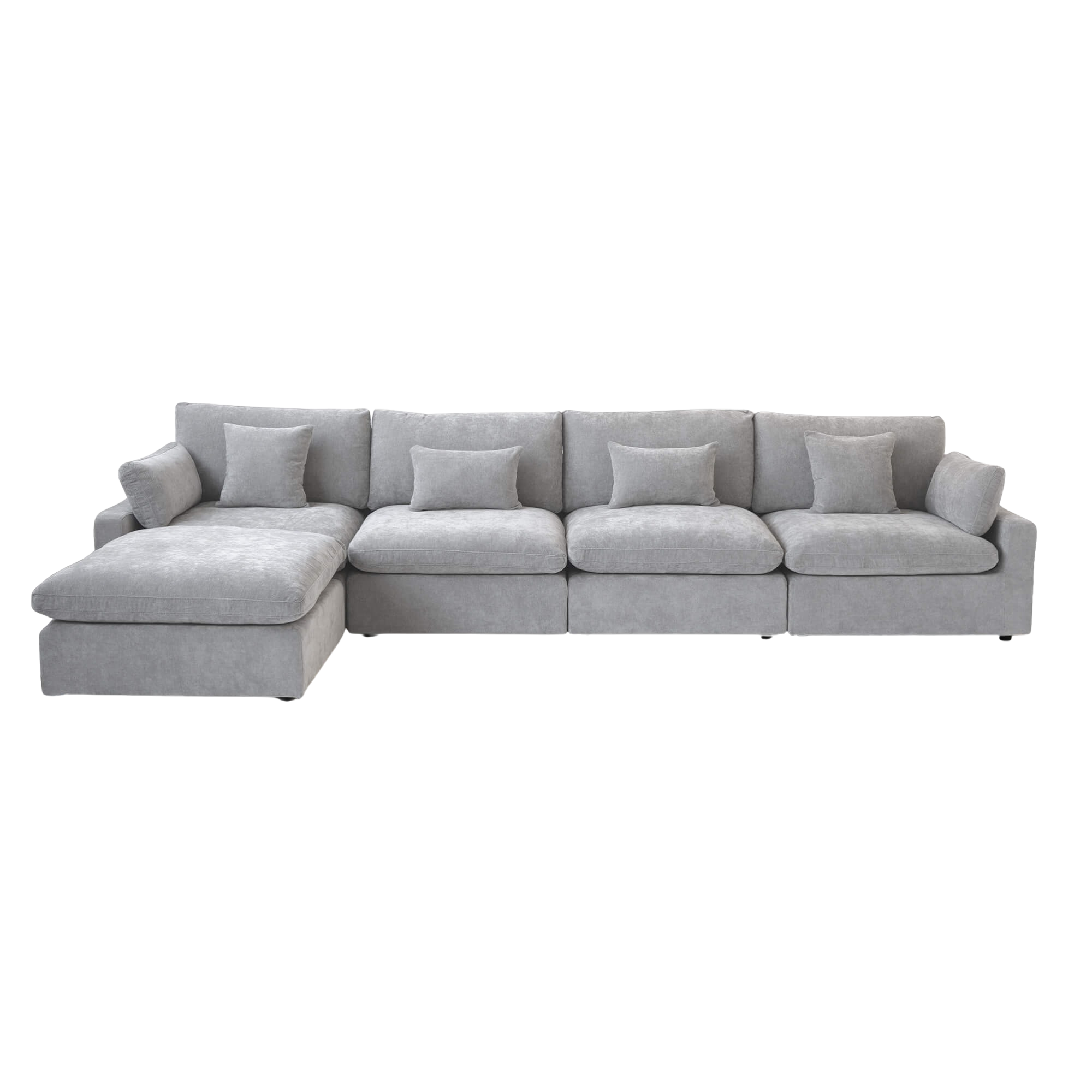 Light gray sectional 4-seat sofa with ottoman on a white background