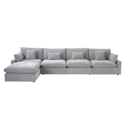 Light gray sectional 4-seat sofa with ottoman on a white background