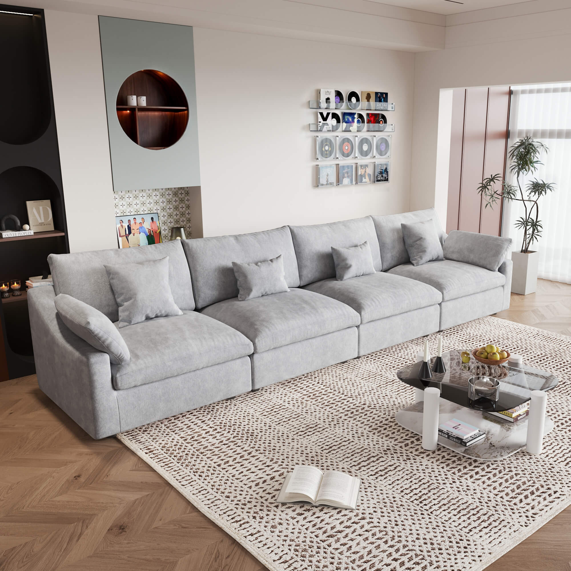 A light gray washable cloud 4-seat sectional sofa with removable cushions and pillow covers, arranged in a living room setting.