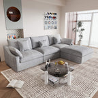 An L-shaped light gray sectional sofa with removable cushions and pillow covers, placed in a living room setting.
