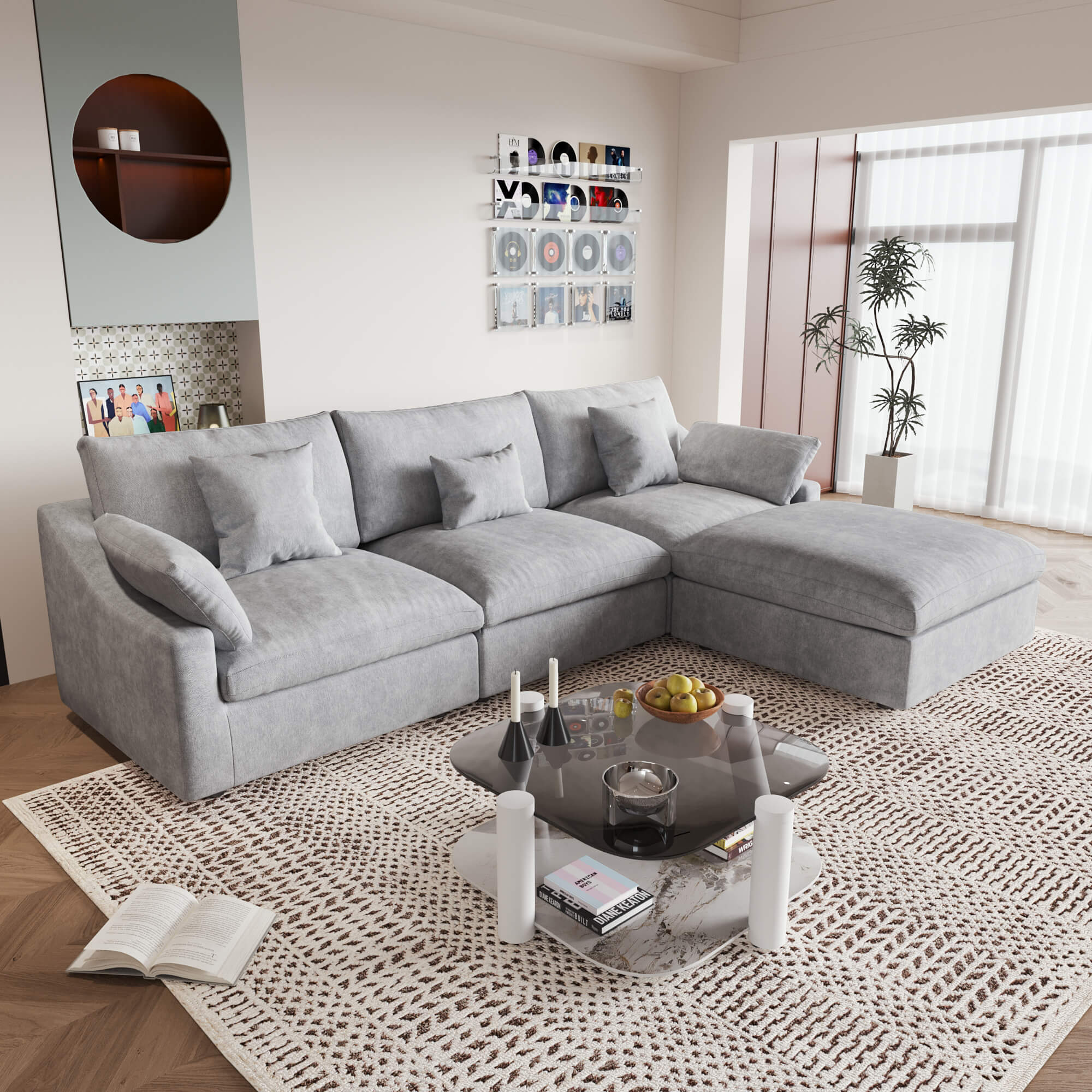 An L-shaped light gray sectional sofa with removable cushions and pillow covers, placed in a living room setting.
