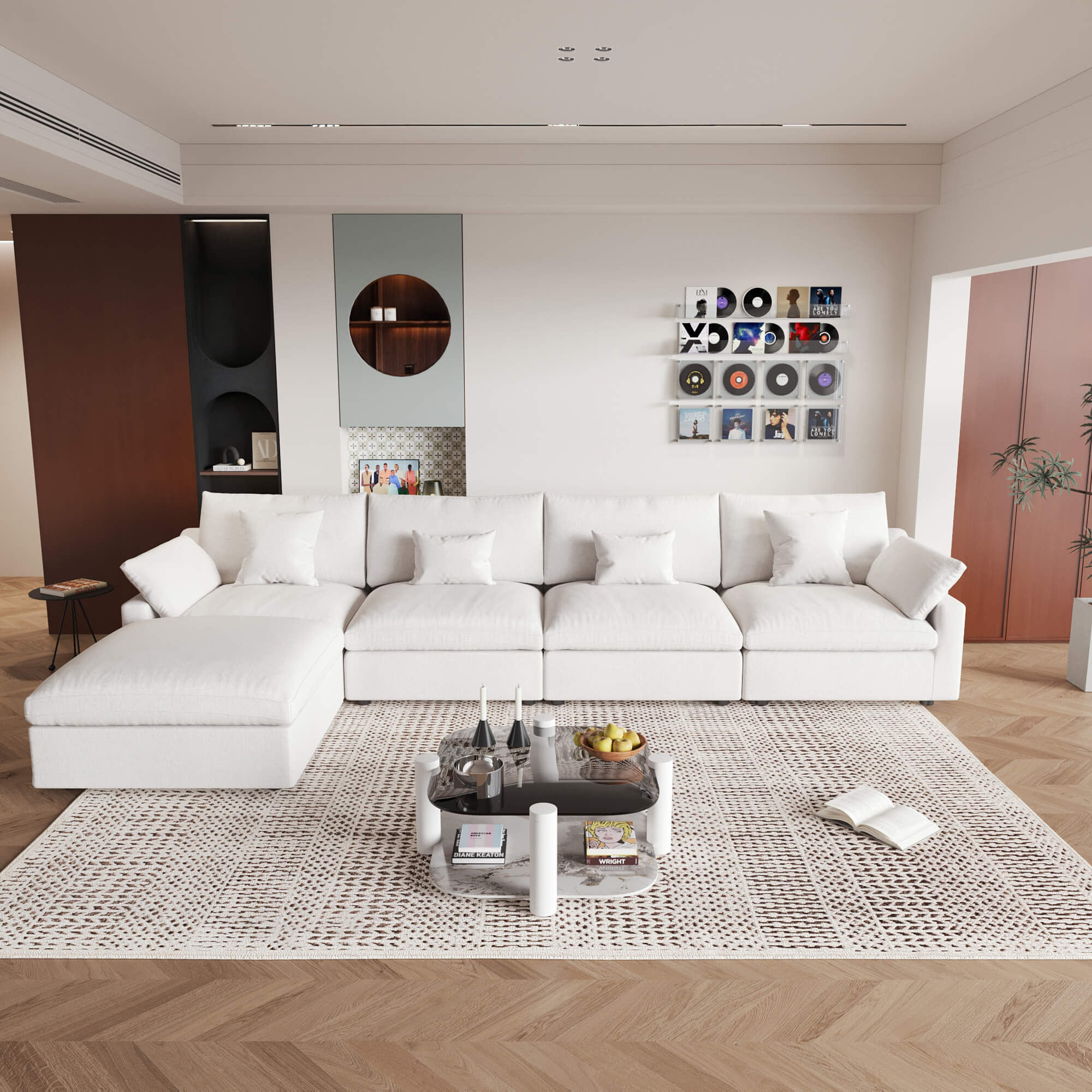 A large, white washable cloud sectional 5-seat sofa with removable cushions and an ottoman, placed in a living room setting.