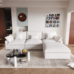 An L-shaped white sectional sofa with removable cushions and pillow covers, placed in a living room setting.