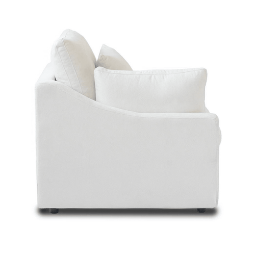 White washable right modular chair upholstered in linen-cotton fabric with replaceable covers and slope arms.