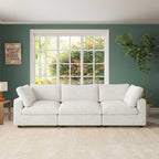 A white faux rabbit fur sectional sofa with striped patterns, arranged as a 3-seater in a living room setting.