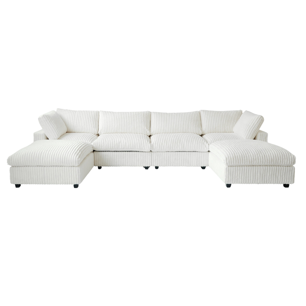 Beige sectional U-shaped sofa on a white background