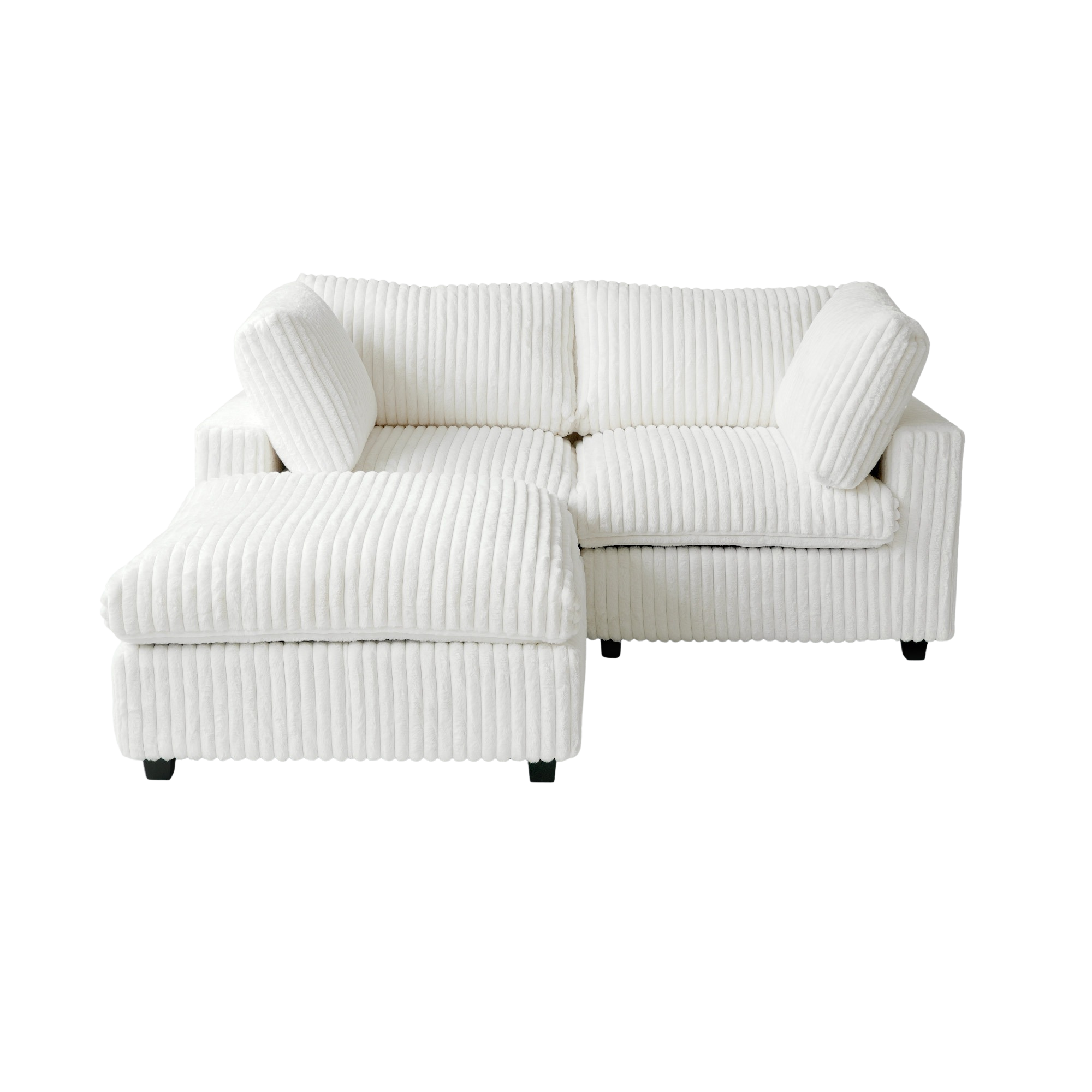 Beige faux rabbit fur sectional loveseat sofa with matching ottoman on a white background