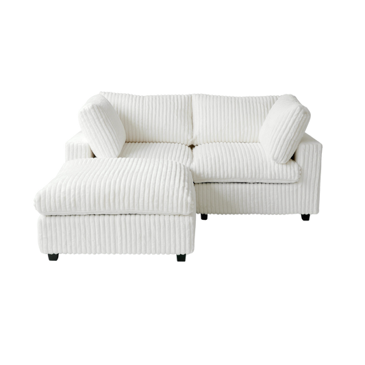 Beige faux rabbit fur sectional loveseat sofa with matching ottoman on a white background