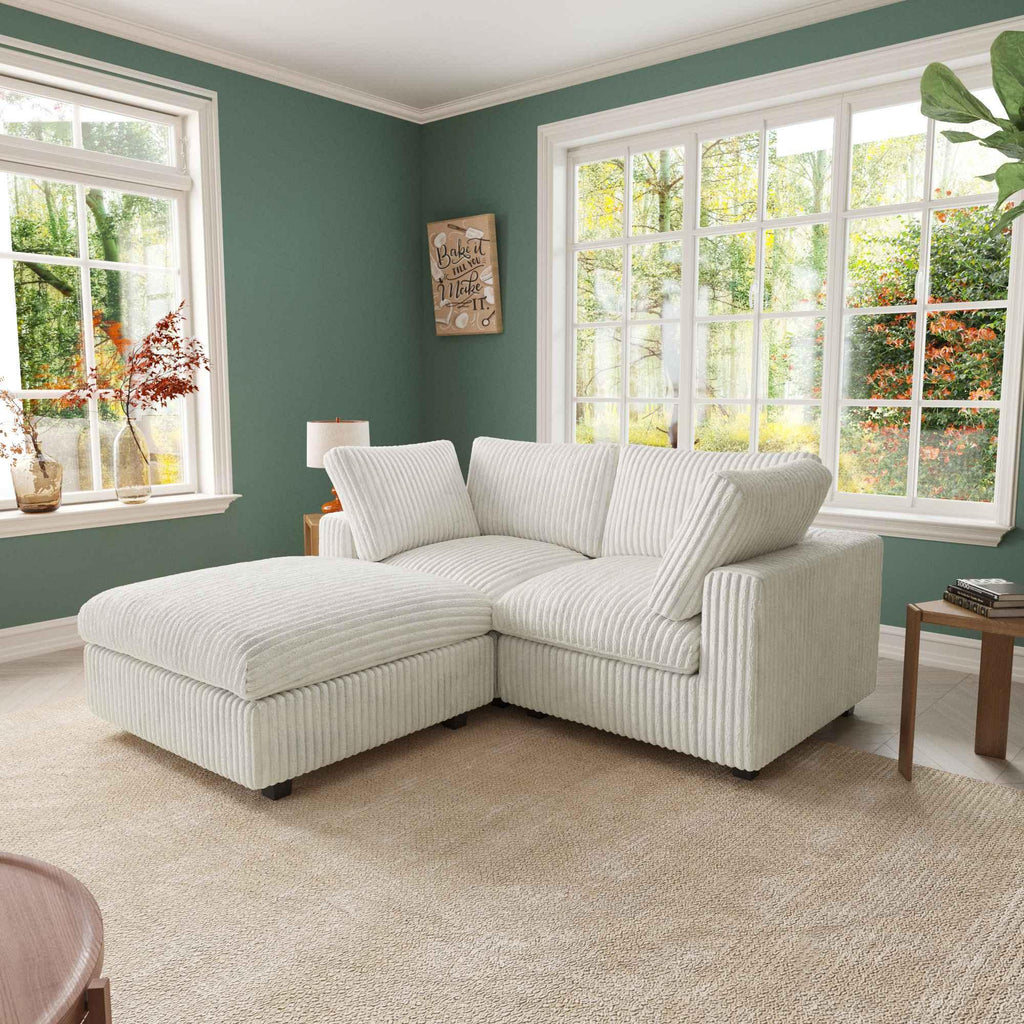 Beige 2-seater with ottoman upholstered in faux fur, modular design with washable covers