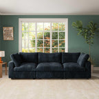 A black faux rabbit fur sectional sofa with striped patterns, arranged as a 3-seater in a living room setting.