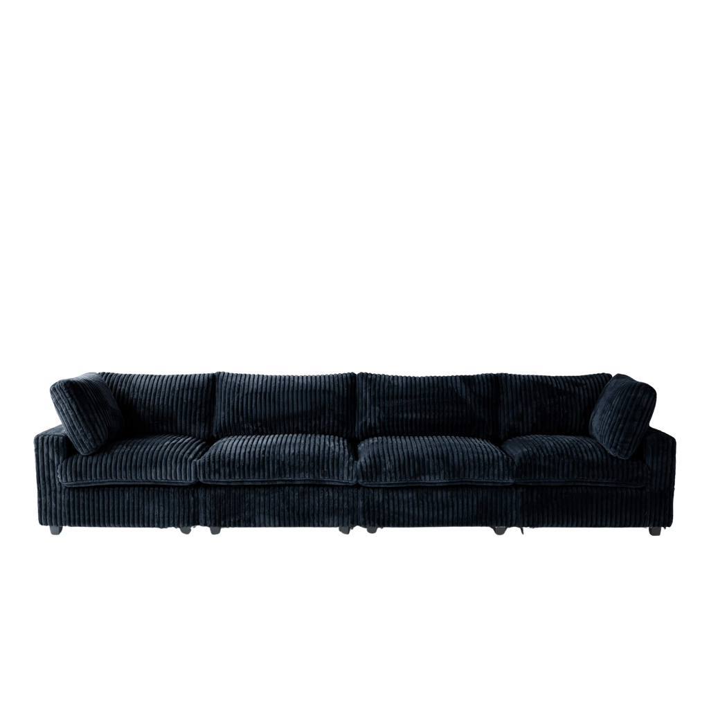 Black faux rabbit fur 4-seat sofa on a white background