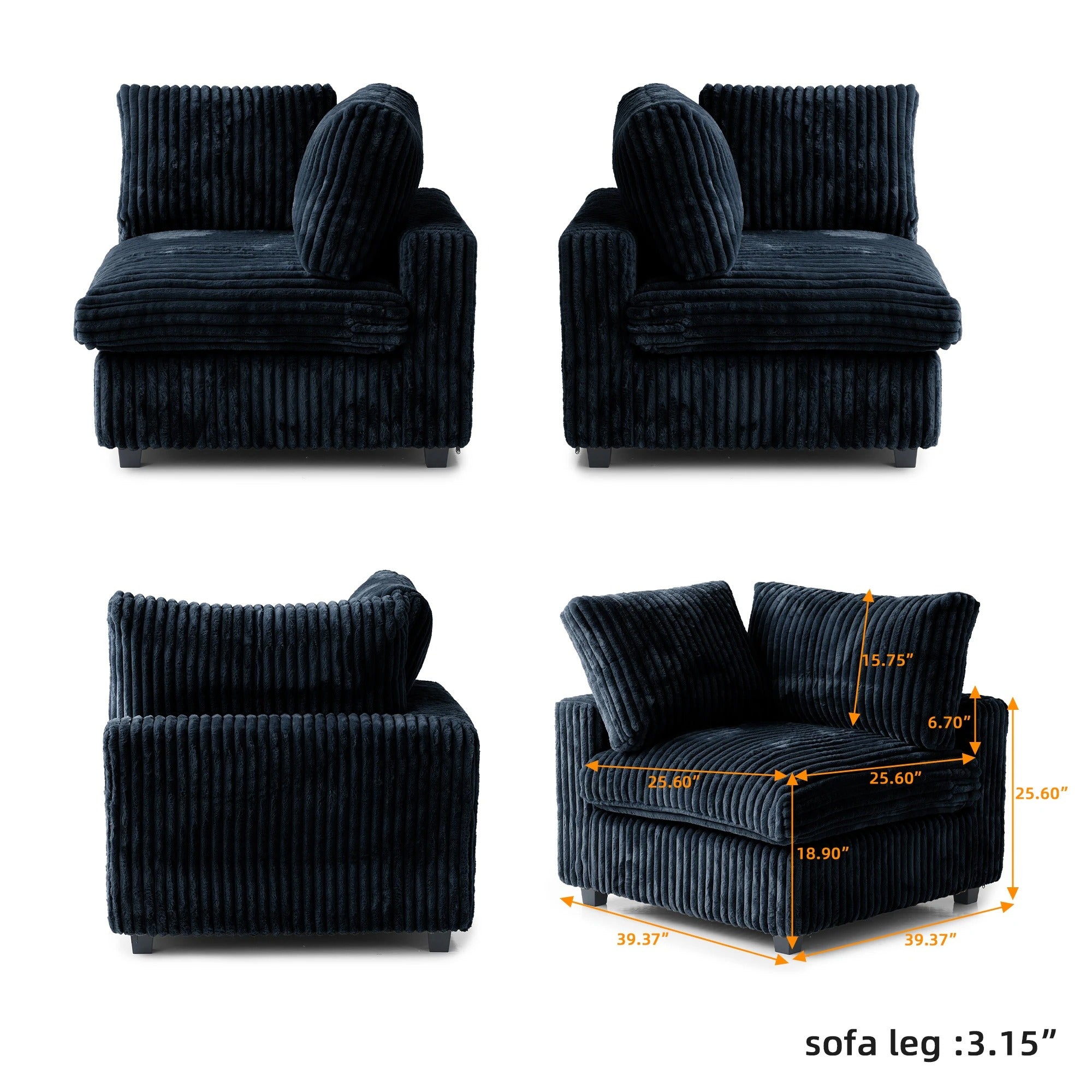 Modular Washable Fuzzy End Chair - Right in Black