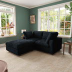 Black compact 2-seater with ottoman upholstered in faux rabbit fur