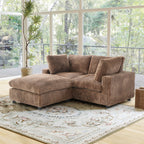 Brown washable 2-seat sectional with ottoman and replaceable covers.