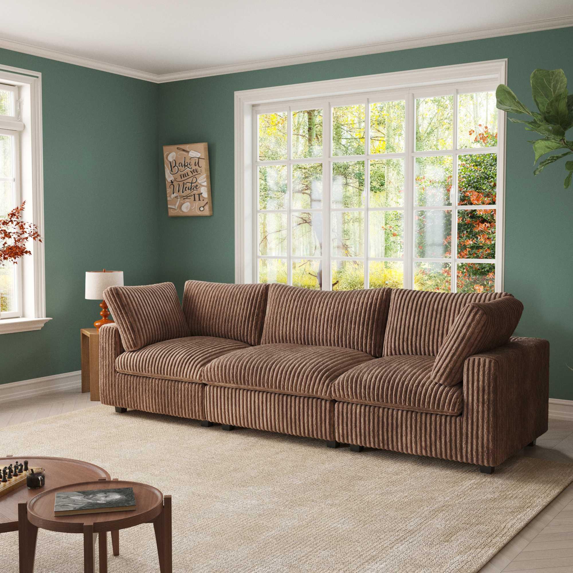 A brown faux rabbit fur sectional sofa with striped patterns, arranged as a 3-seater in a living room setting.