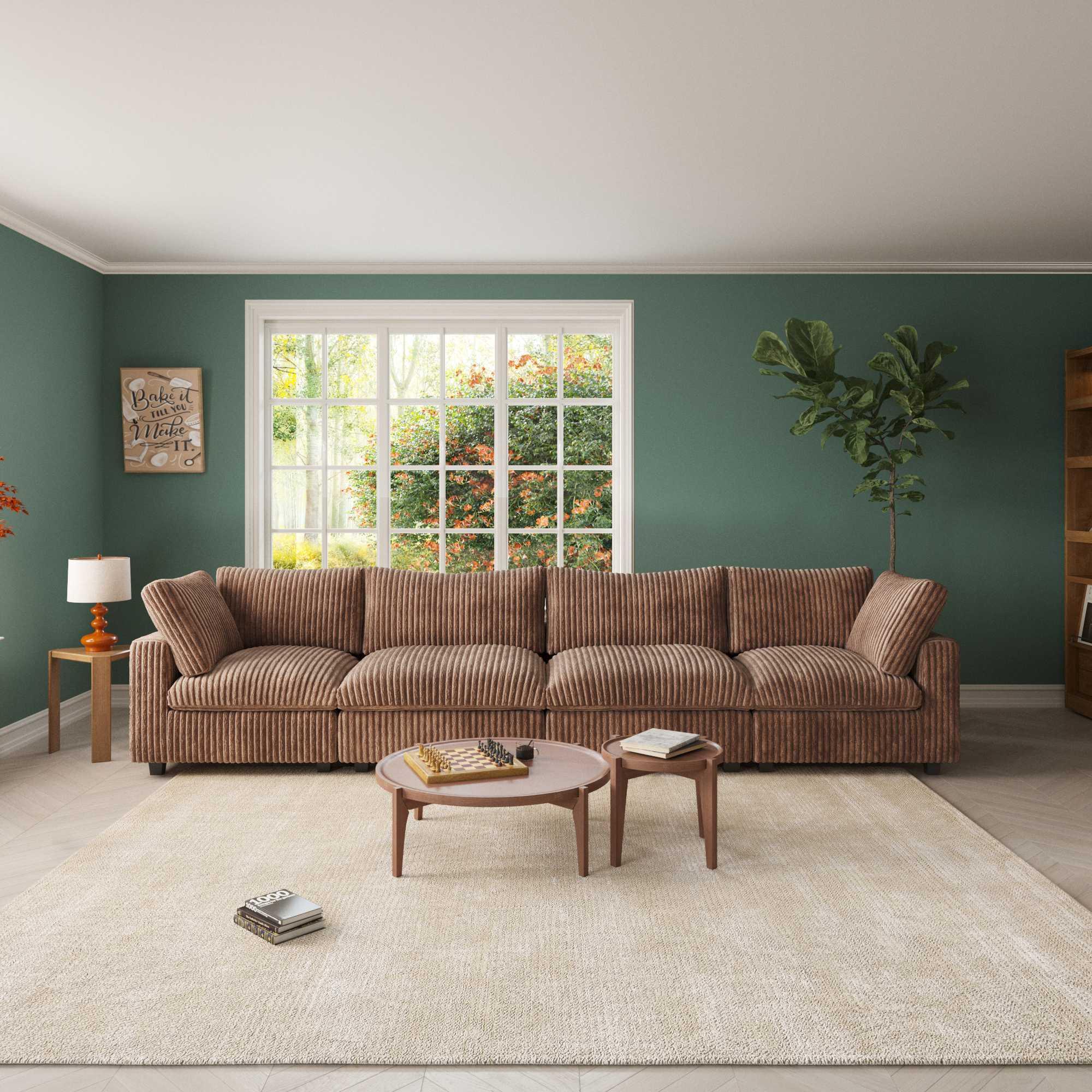 A 4-seater faux rabbit fur sectional sofa with brown covers, placed in a living room setting with a coffee table in front and a window in the background allowing natural light to enter.