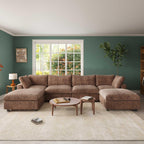 A brown, U-shaped faux rabbit fur sectional sofa with removable covers, shown in a living room setting with a modern interior.