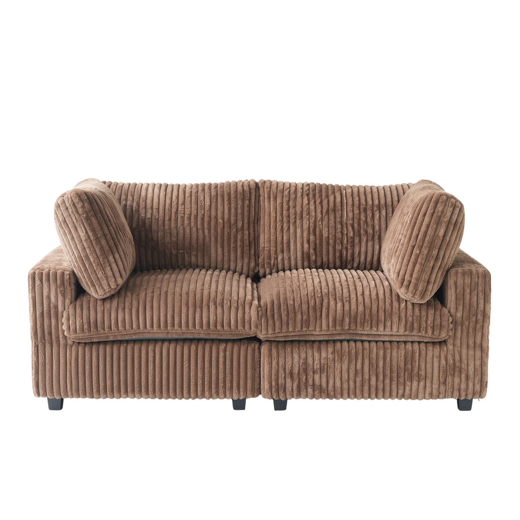 Brown faux rabbit fur sofa with two cushions on a white background