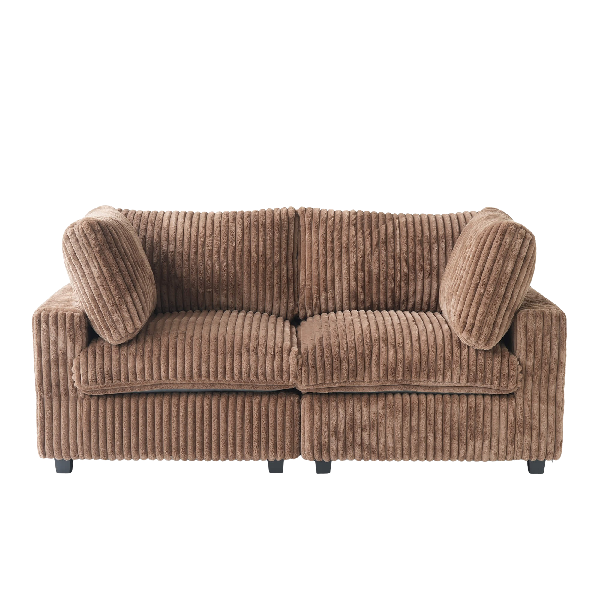 Brown faux rabbit fur sofa with two cushions on a white background