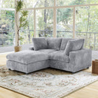 Gray fuzzy 2-seater sectional with ottoman and machine washable slipcovers.