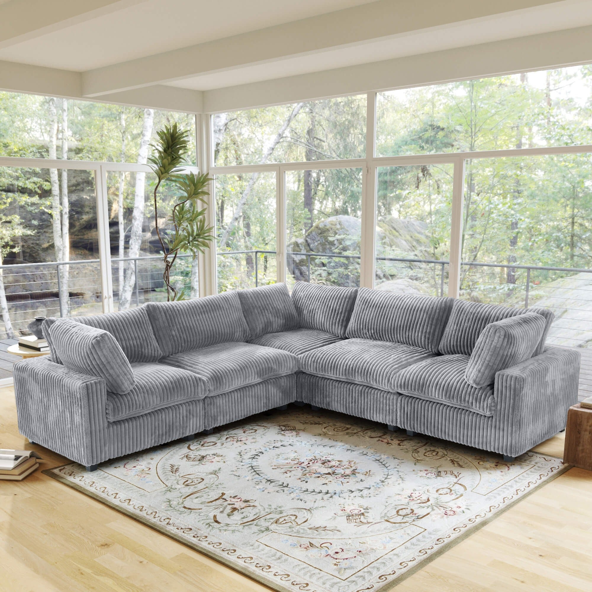 Modular Washable Fuzzy 5-Seater Corner Sectional in Light Gray