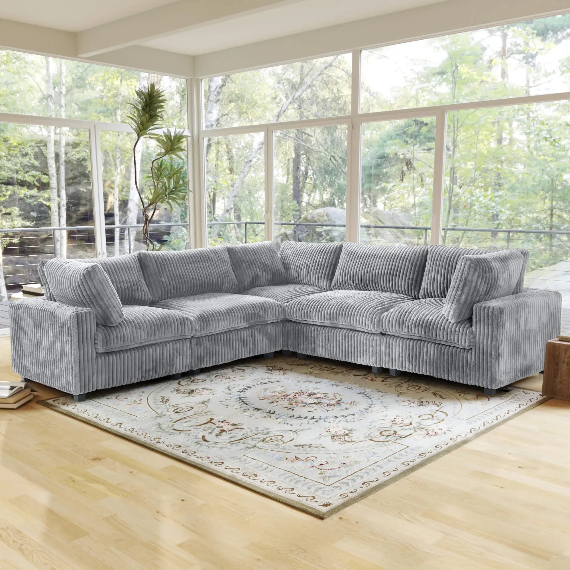 Modular Washable Fuzzy 5-Seater Corner Sectional in Light Gray