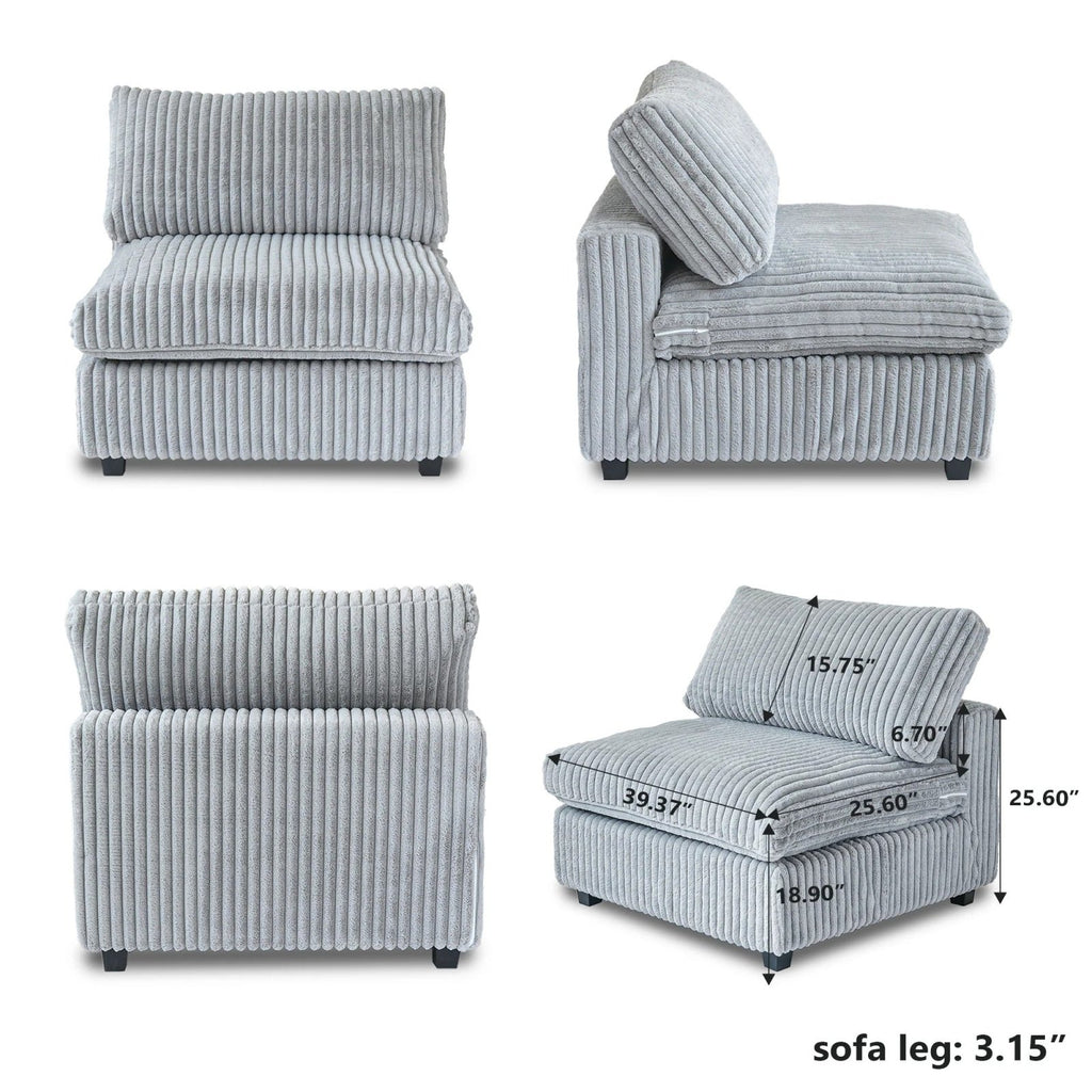 Dimensions of a gray faux fur armless chair.