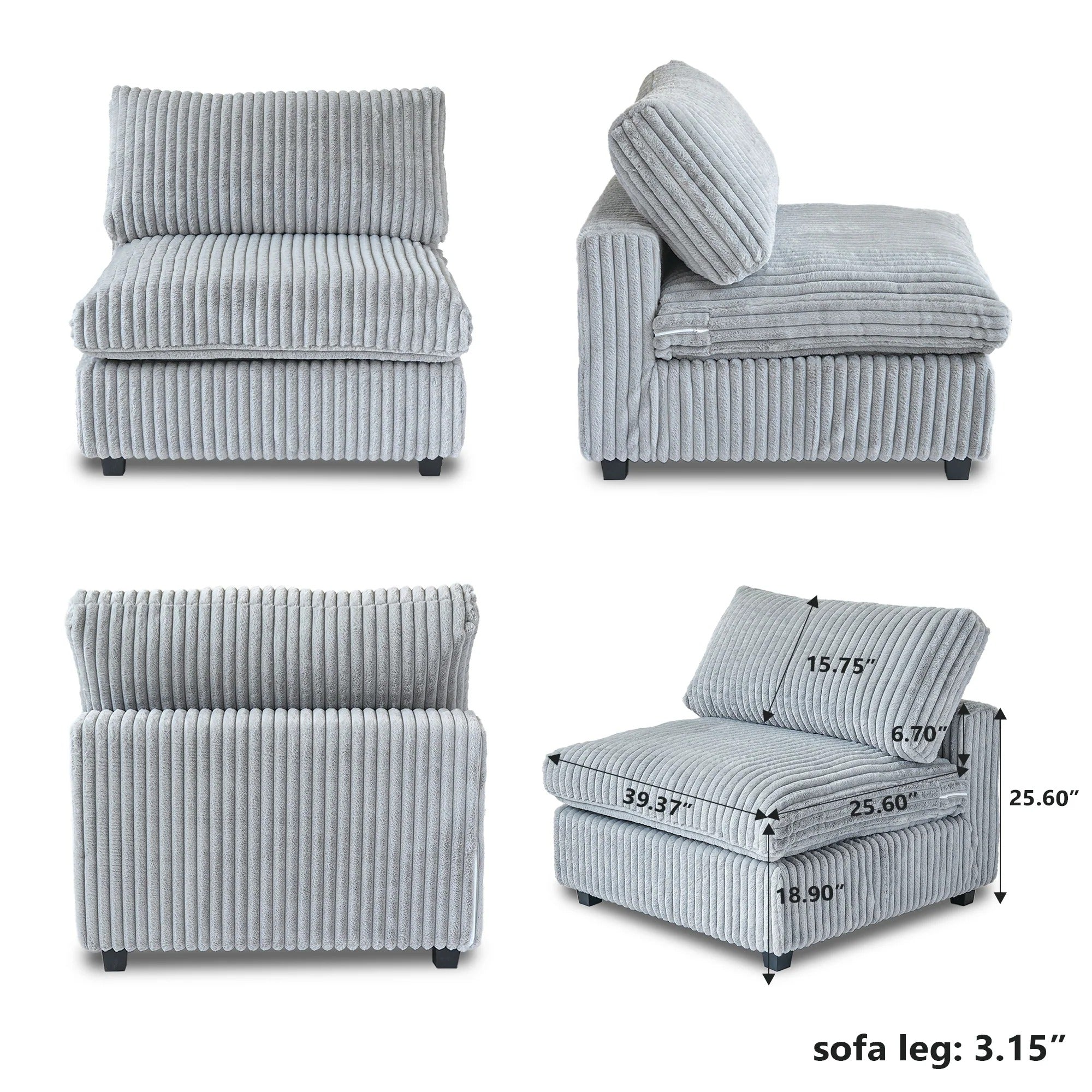 Modular Washable Fuzzy Armless Chair in Light Gray
