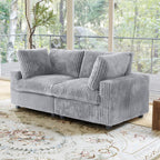 Gray loveseat sofa in a living room with large windows and a decorative rug.