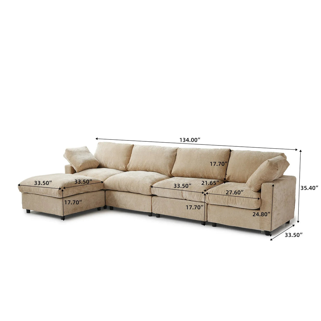 Beige sectional 4-seater sofa with ottoman with dimensions marked on a white background
