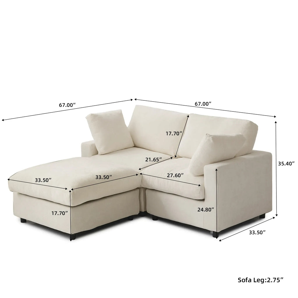 Beige sectional sofa with dimensions marked on a white background
