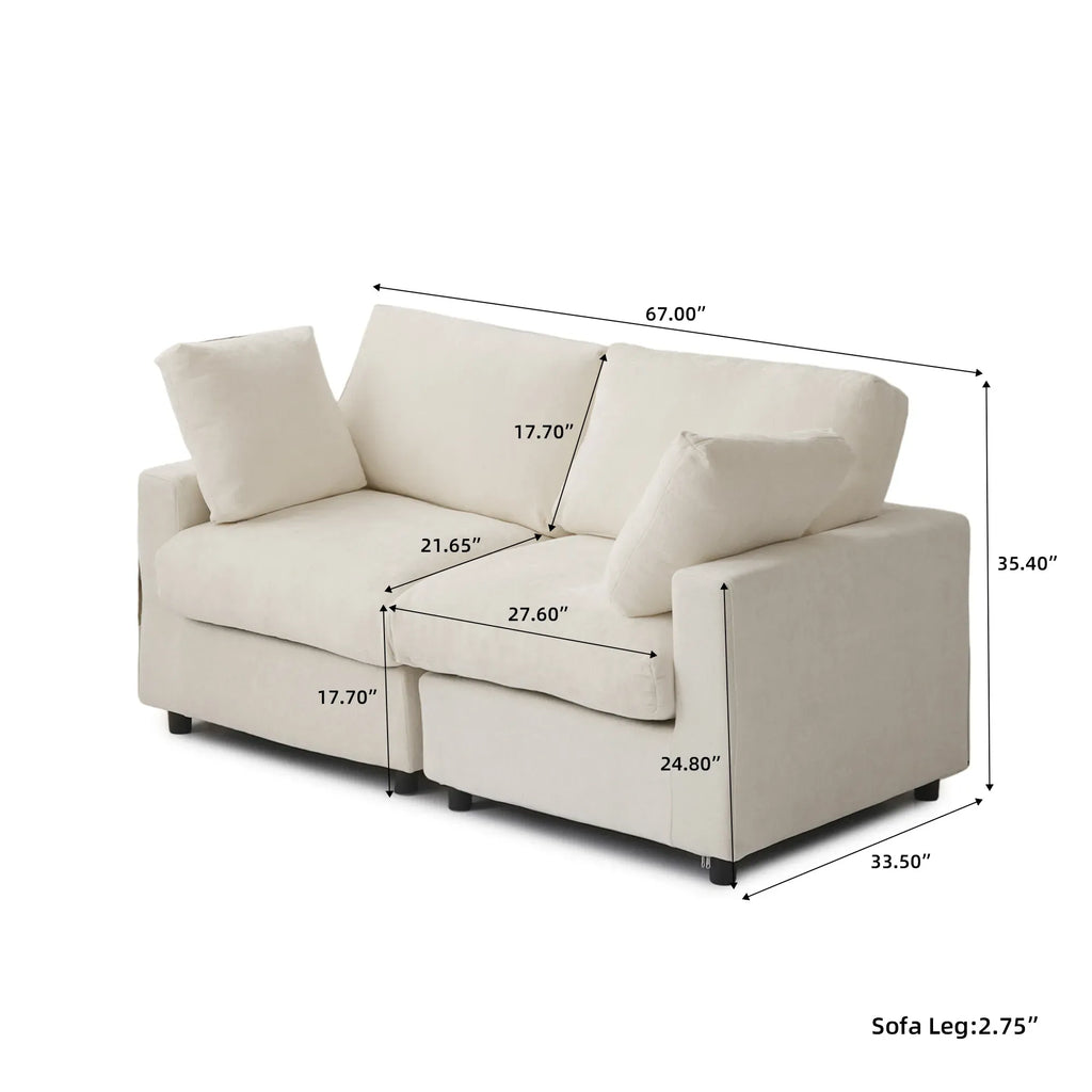 Beige sectional sofa with dimensions labeled on a white background