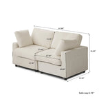 Beige sectional sofa with dimensions labeled on a white background