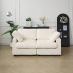 Beige 2-seat sofa upholstered in chenille-linen fabric with washable covers