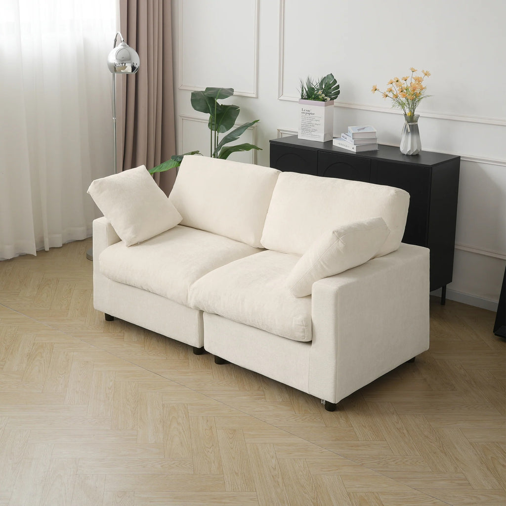 Chenille beige 2-seater sofa with track arms and washable slipcovers