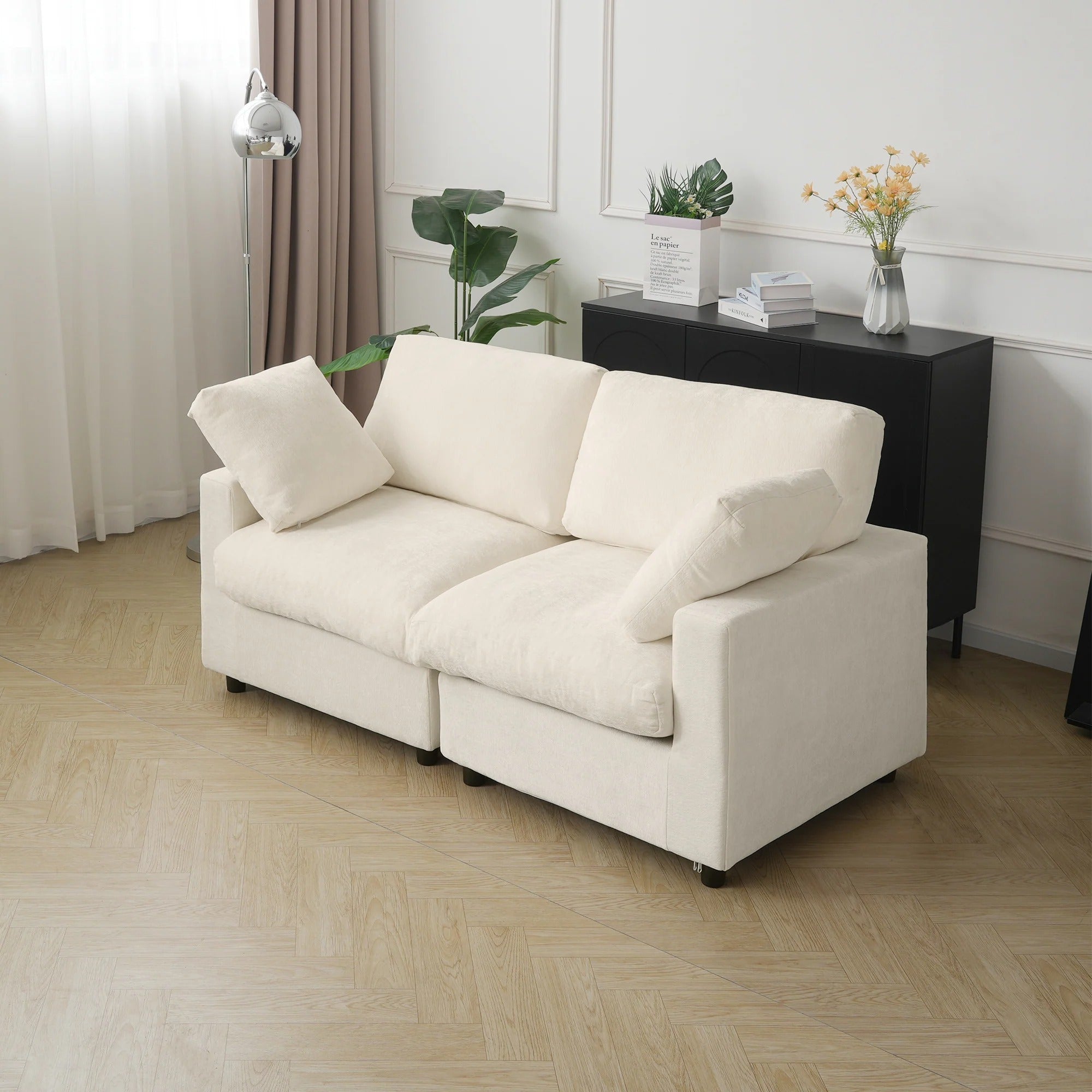 Chenille beige 2-seater sofa with track arms and washable slipcovers