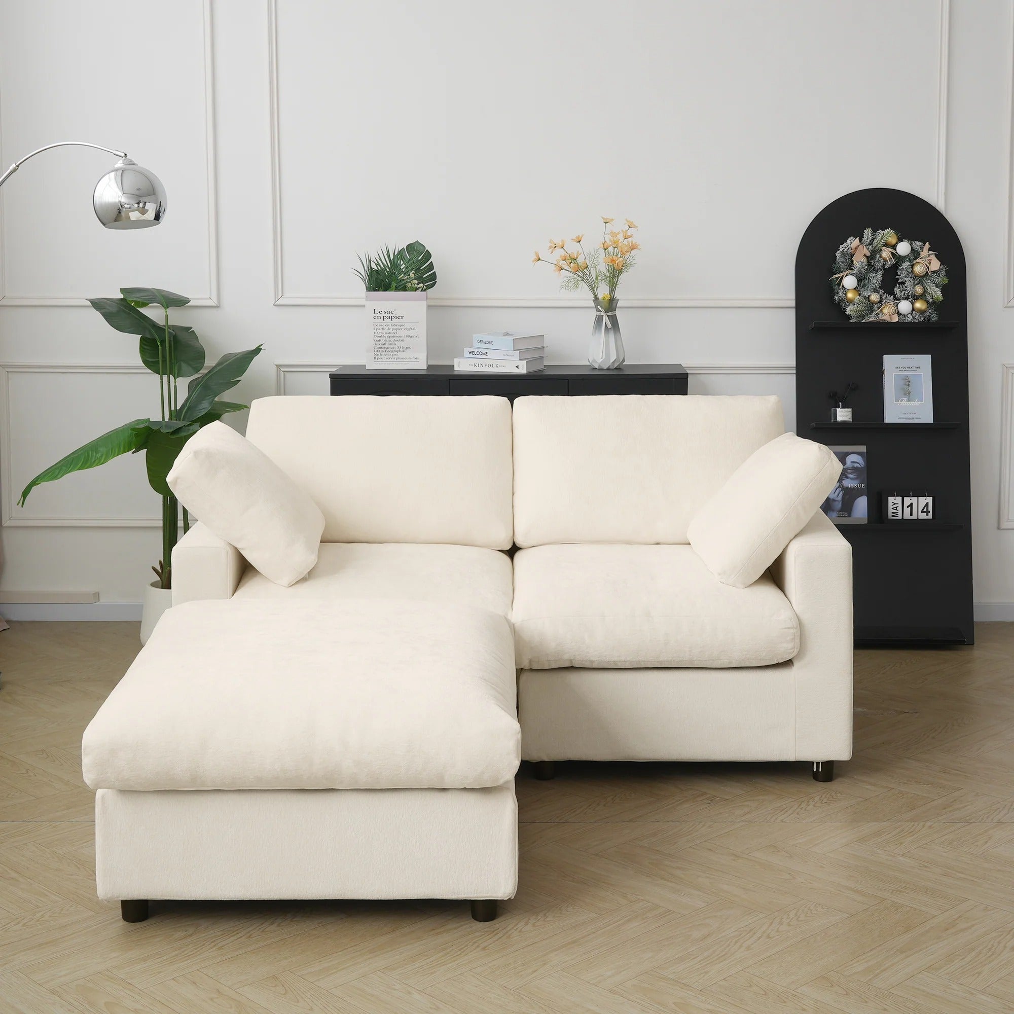 Chenille beige 2-seater sectional with ottoman and washable covers