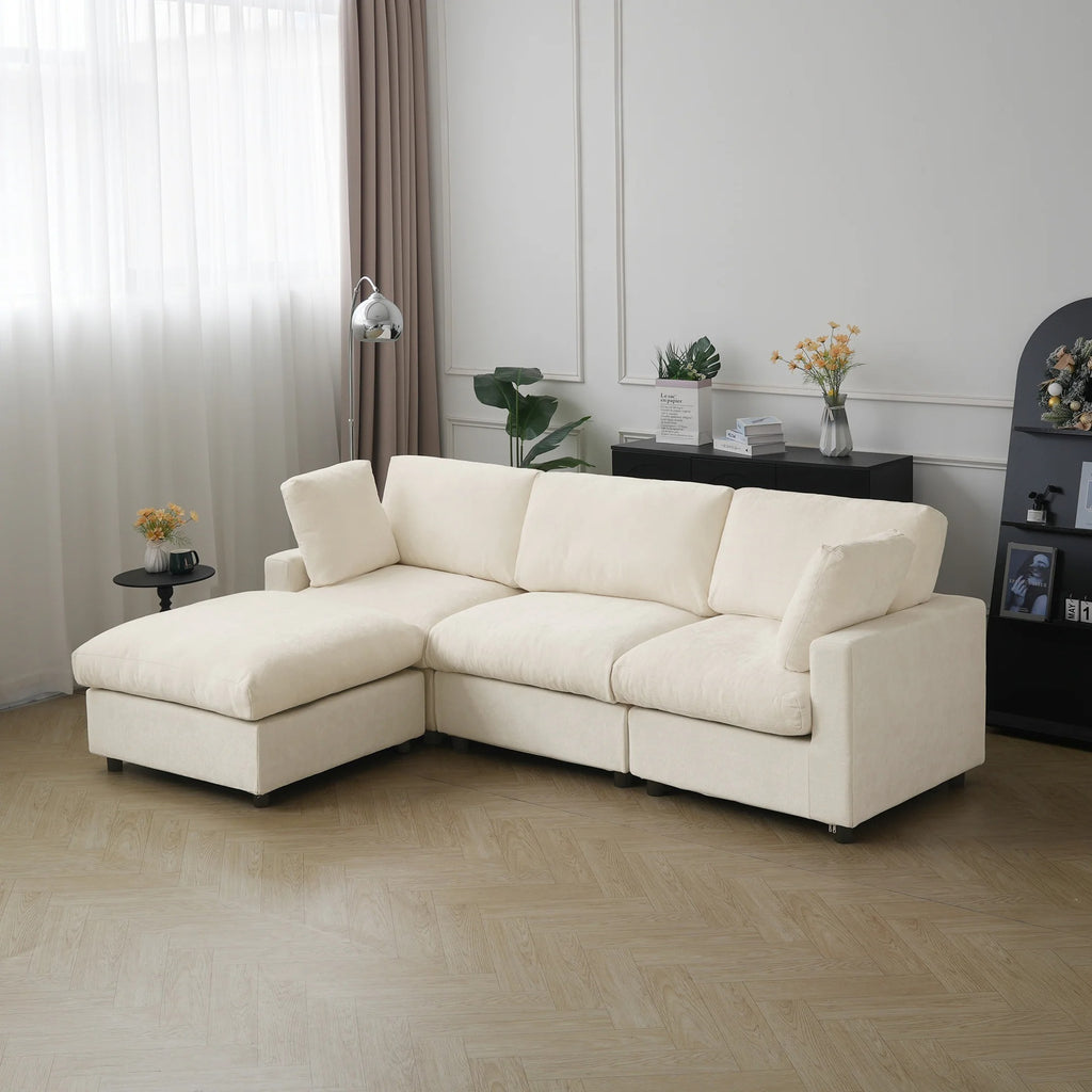 Beige 3-seater L-shaped sectional in chenille with ottoman and washable slipcovers