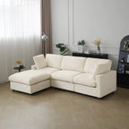 Beige 3-seater L-shaped sectional in chenille with ottoman and washable slipcovers