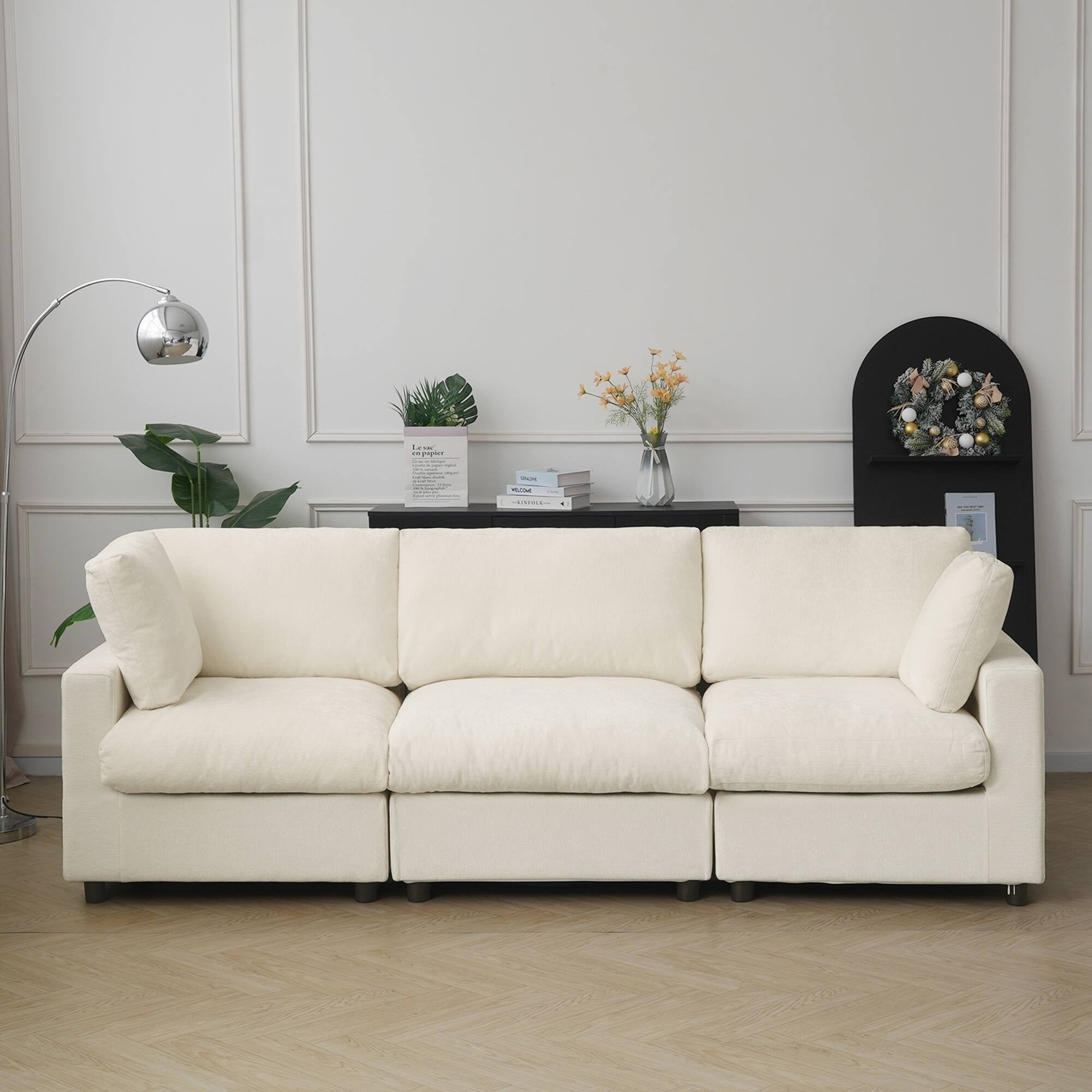 Beige 3-seater sofa with washable covers in chenille 