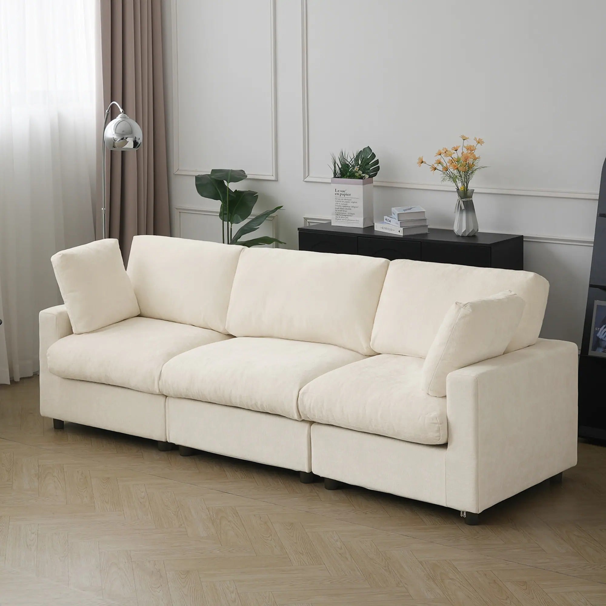 Washable 3-seater couch with replaceable covers, upholstered in chenille fabric