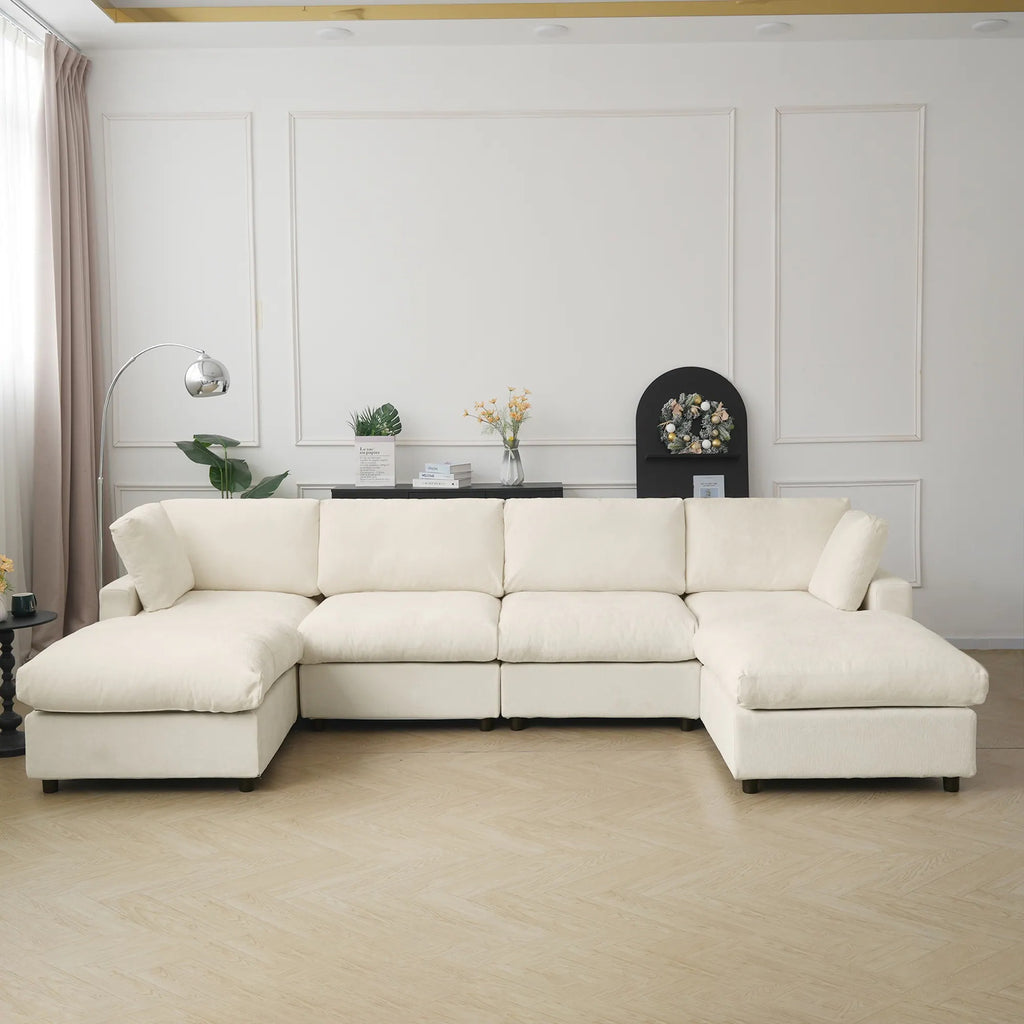 Beige chenille 4-seater U-shaped sectional with washable covers