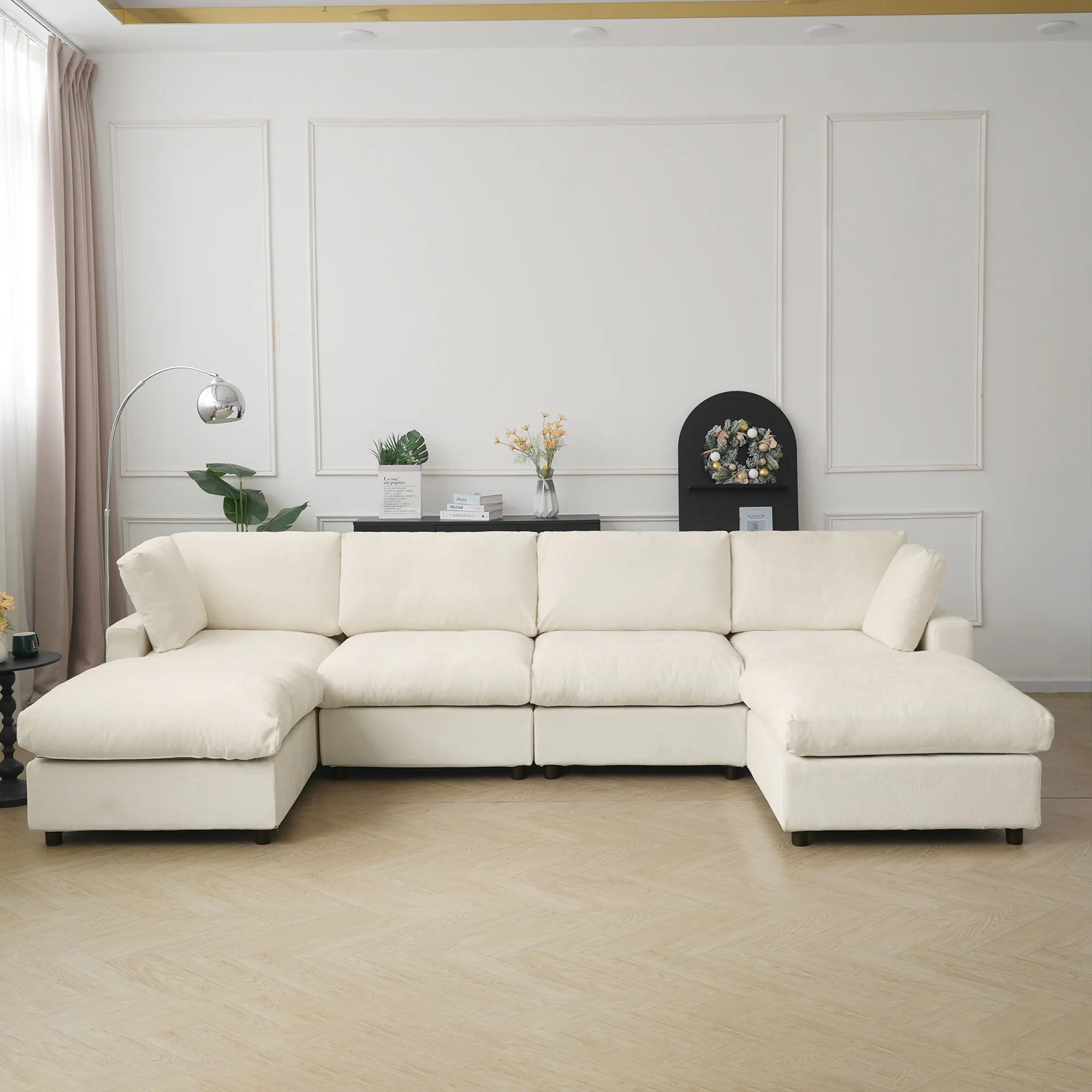 Beige chenille 4-seater U-shaped sectional with washable covers