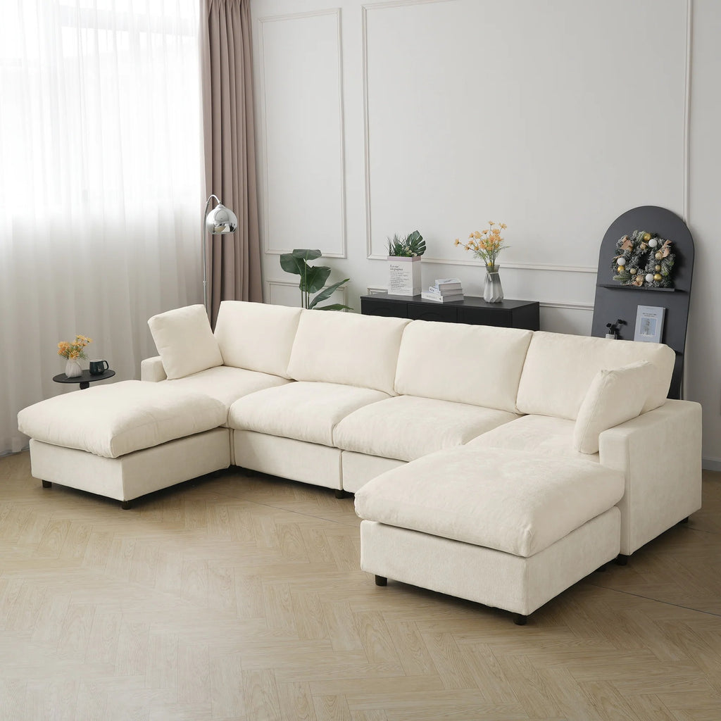 Beige 4-seater U-shaped sectional sofa in chenille and linen fabric with washable slipcovers