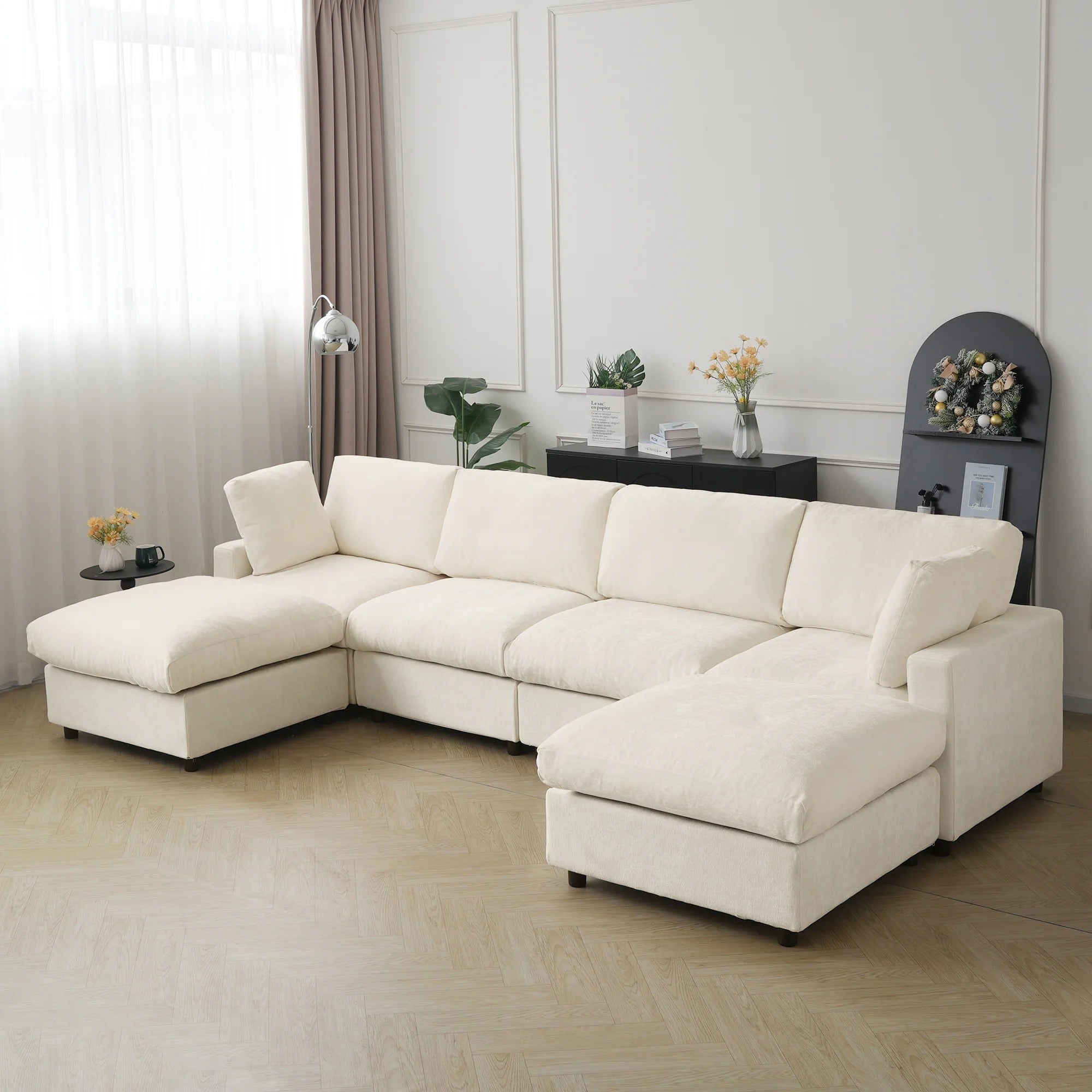 Beige 4-seater U-shaped sectional sofa in chenille and linen fabric with washable slipcovers