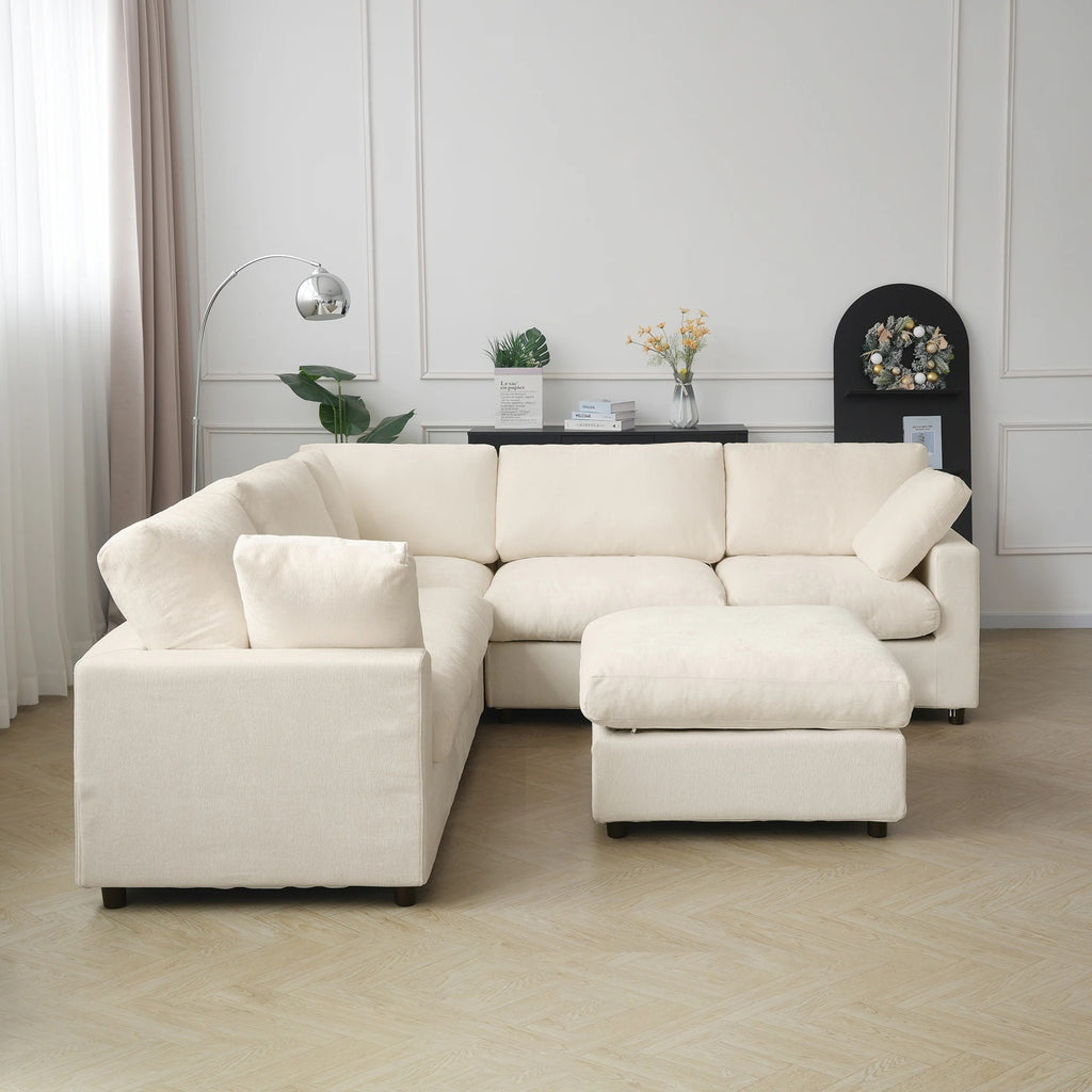Modular Washable Track Arm 5-Seater Corner Sectional + Ottoman in Beige